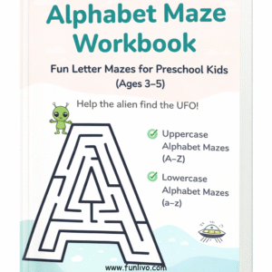 cover page of the alphabet maze workbook for preschool kids ages 3–5.