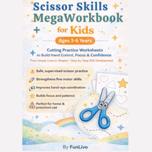 Cover Page Image of Scissor Skills Workbook for Kids Ages 3–6 | 50+ Worksheet Cutting Practice Printable PDF