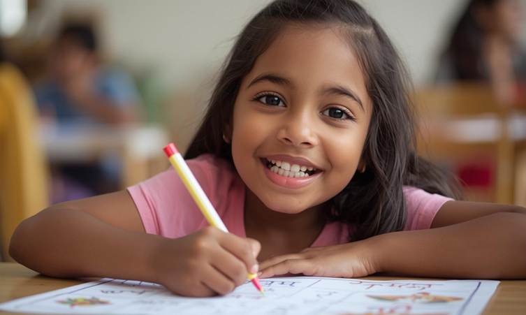 Free Hindi Worksheets for Kids Ages 3–6 Are Important for Language Development: a girl doing hindi worksheet 