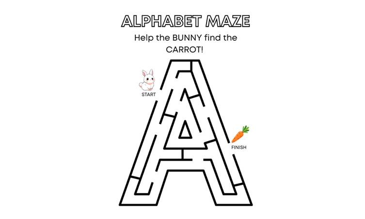 A sample  worksheet of uppercase letter A maze practice 