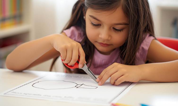 Child practicing scissor cutting activities for kids using printable worksheets
