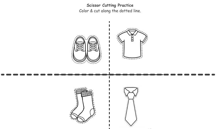 Advanced scissor cutting practice worksheet with four objects for kids ages 3 to 6
