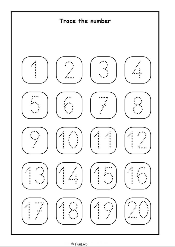 Number tracing worksheets 1–20 for preschool kids