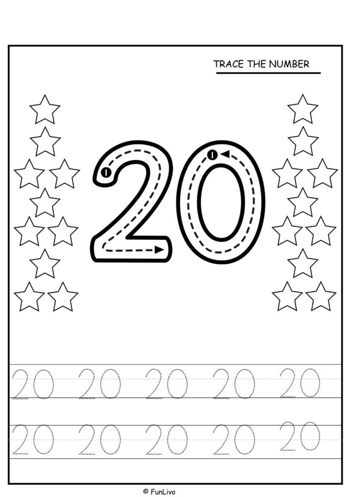 Number tracing worksheets 1–20 for preschool kids