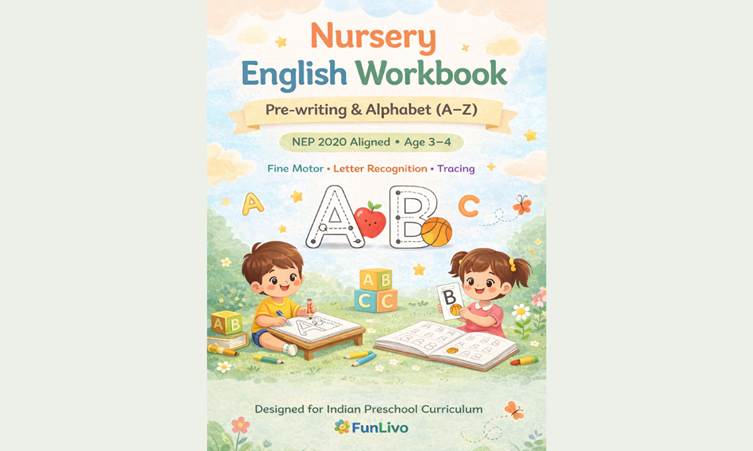 Nursery English workbook for alphabet recognition and pre-writing skills for age 3–4