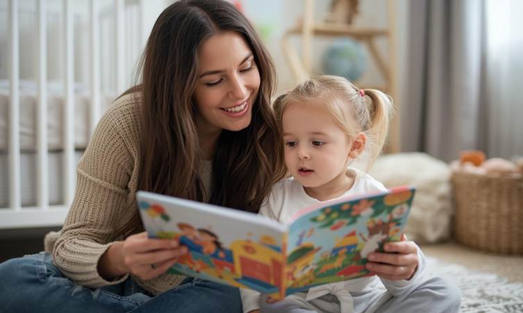 Parent reading a picture book to a nursery child to develop listening and speaking skills