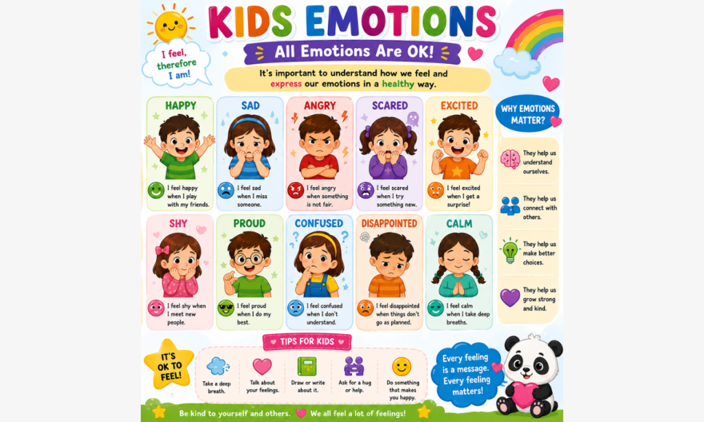 Colorful kids emotions chart for preschool children with feelings and emotional learning activities for kids ages 3–6.