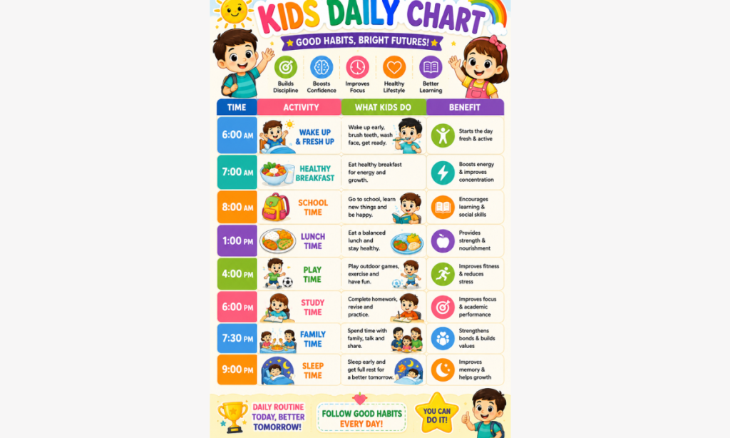 Colorful kids daily chart for preschool children with healthy daily routine activities and good habits for kids ages 3–6.
