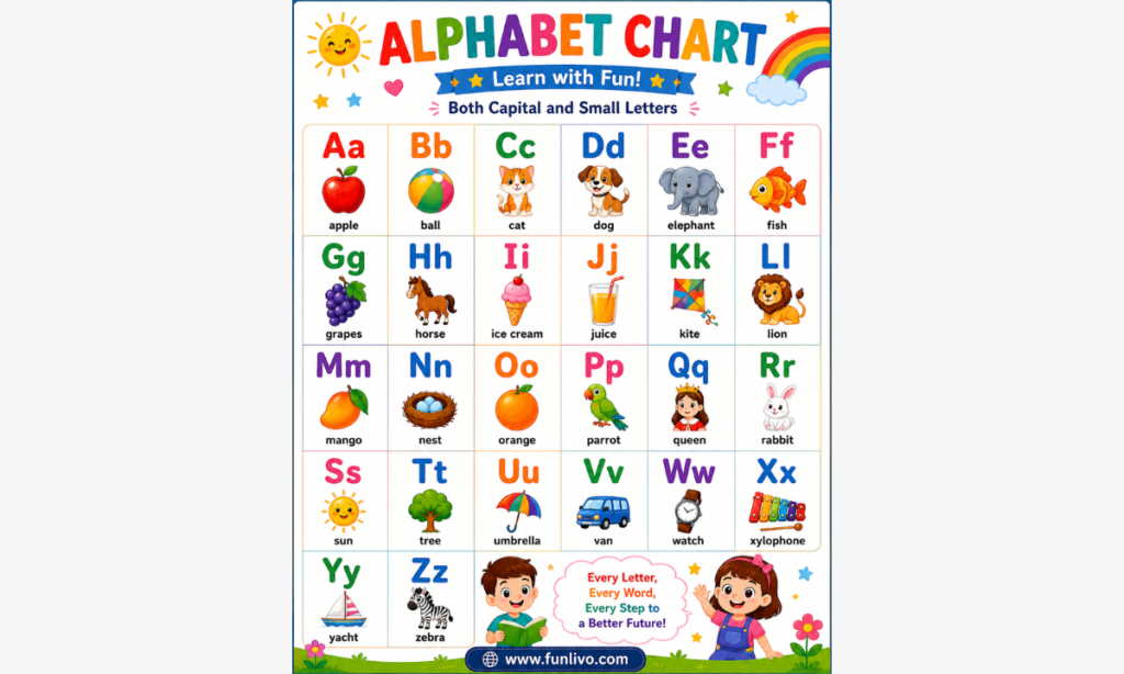 Colorful alphabet chart for kids with capital and small letters, vocabulary words, and preschool learning activities.