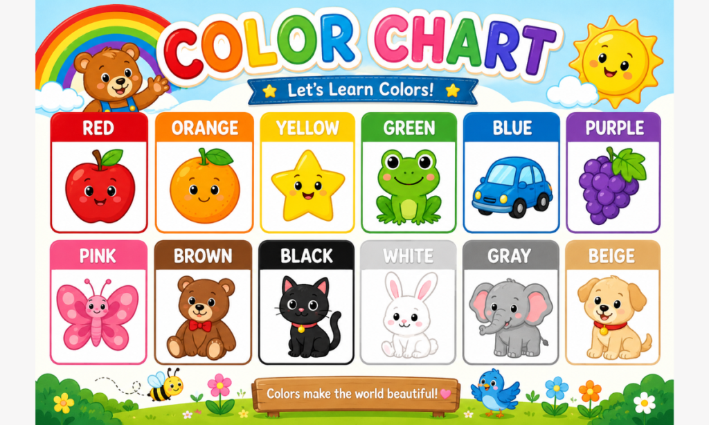 Colorful Kids Color Chart with red, orange, yellow, green, blue, purple, pink, brown, black, white, gray, and beige colors for preschool and kindergarten kids learning.