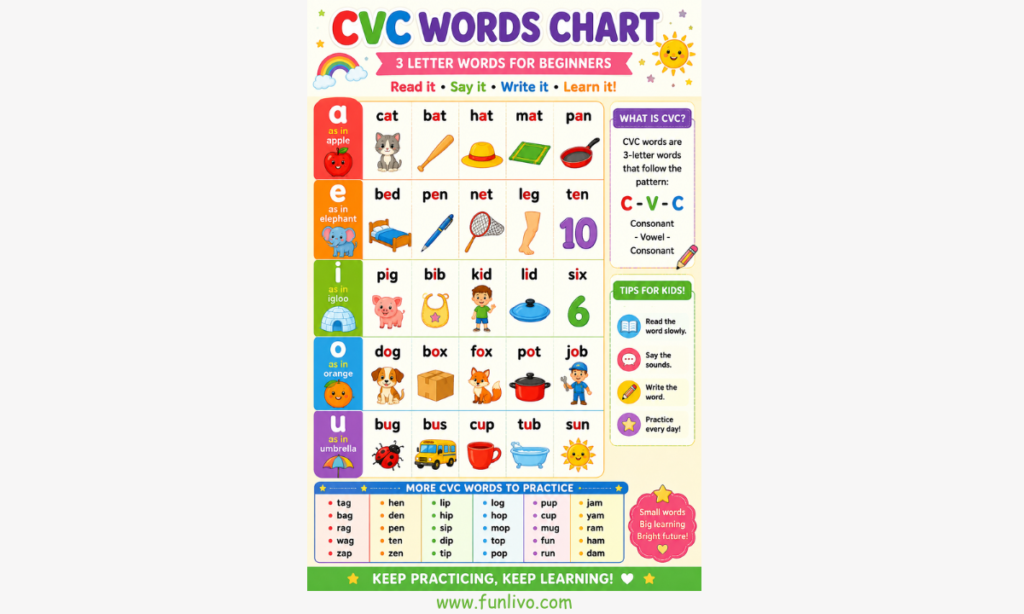 Colorful CVC Words Chart for preschool and kindergarten kids with easy 3-letter phonics words, pictures, and beginner reading practice activities.