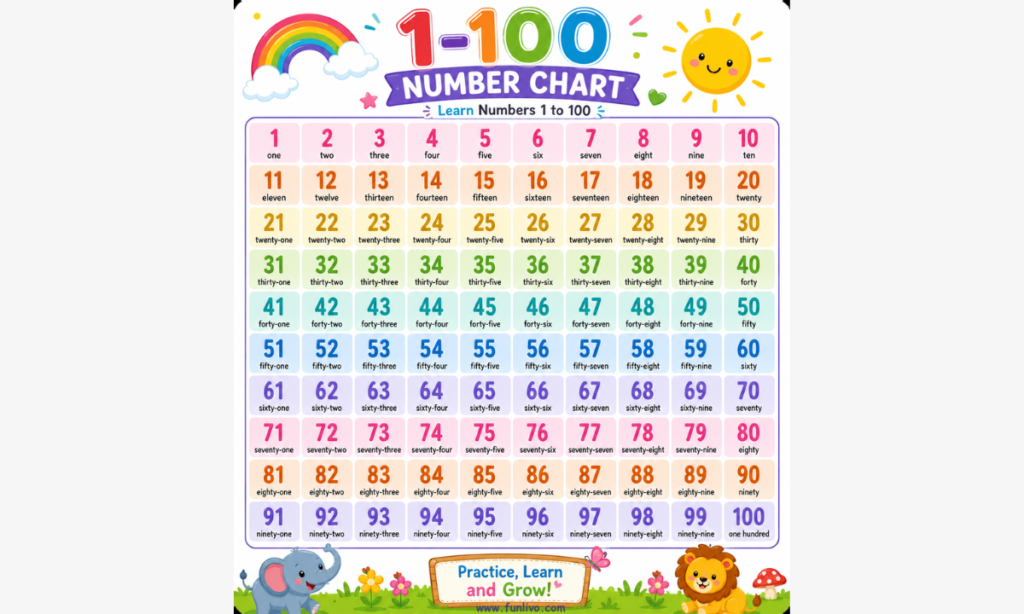 Colorful 1-100 Number Chart for kids featuring numbers one to one hundred with number names for preschool and kindergarten math learning.