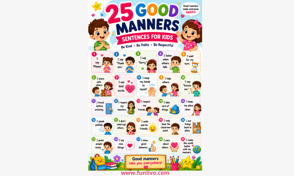 Colorful Good Manners Sentences for Kids chart featuring simple polite sentences and positive behaviour examples for preschool and kindergarten children.