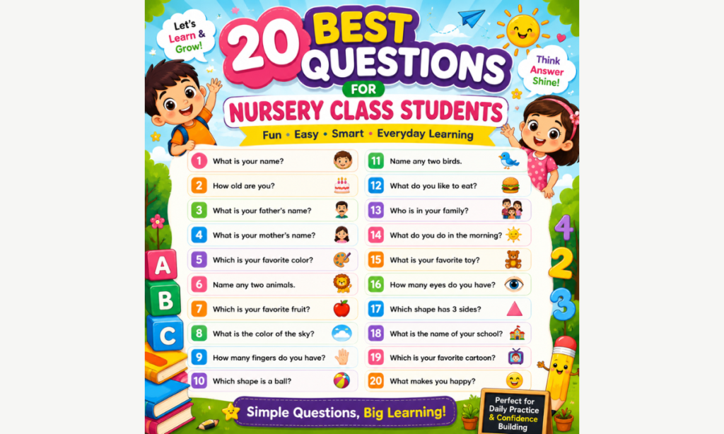 Colorful educational chart with questions for nursery class students to improve speaking and preschool learning skills.