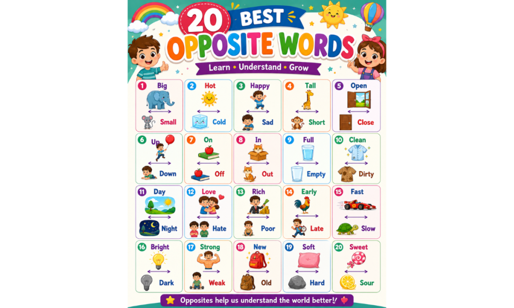 Colorful opposite words for kids chart with simple preschool vocabulary learning activities for toddlers and kindergarten students.