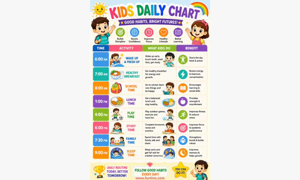 Colorful kids daily routine chart for preschoolers with healthy habits, study time, play time, bedtime routines, and daily learning activities.