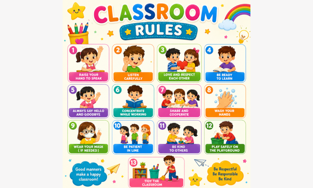 Colorful classroom rules for kids chart with preschool classroom behaviour rules, kindness habits, hygiene routines, and learning activities for children