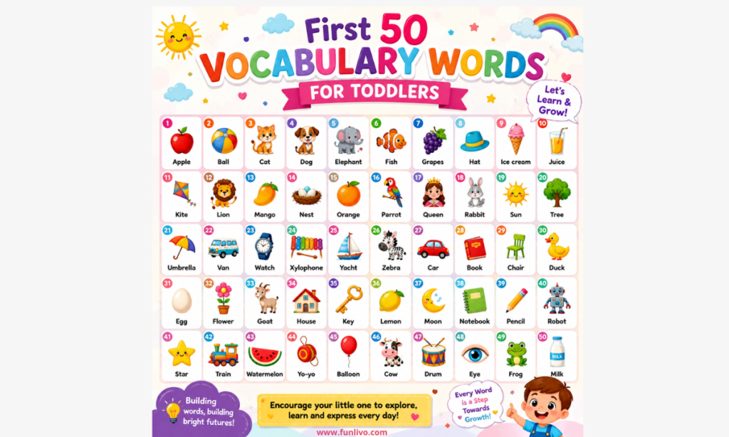 Colorful vocabulary words chart for toddlers with first 50 everyday words and preschool language learning activities for kids.