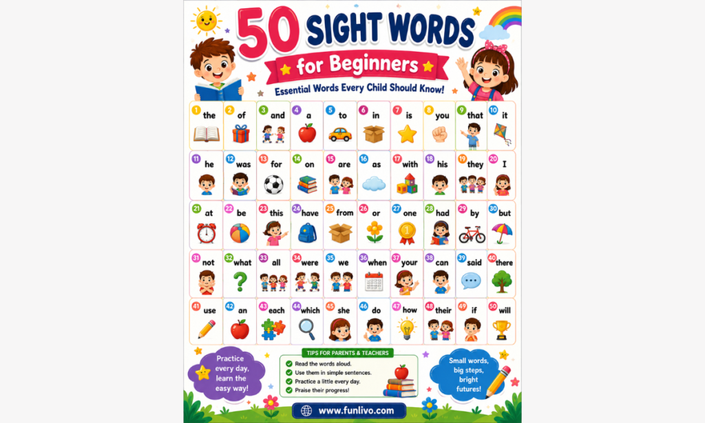 Colorful sight words for beginners chart with 50 essential preschool sight words and early reading learning activities for kids.