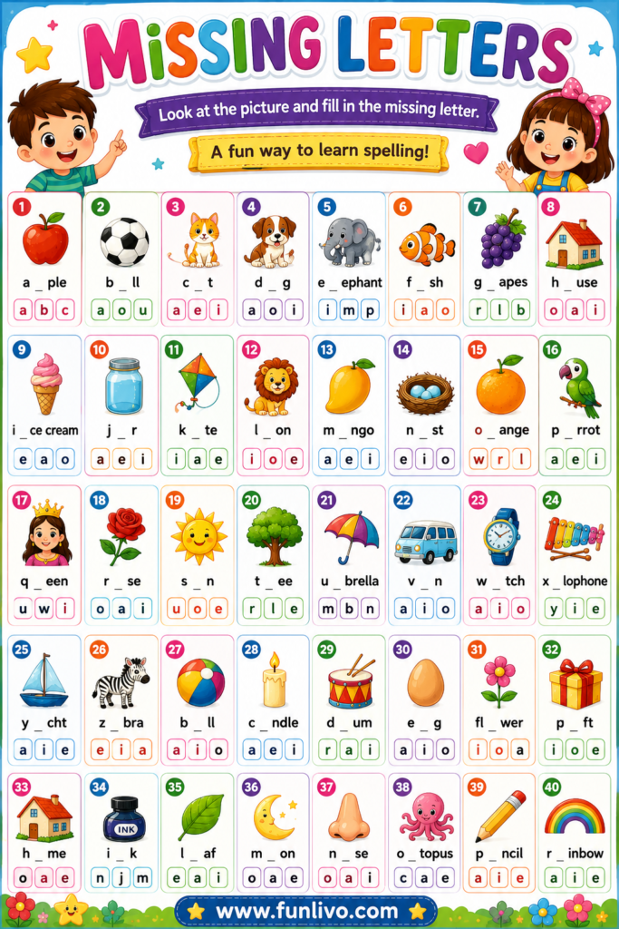 Printable Missing Letter Worksheets for preschool kids with alphabet pictures and fill in the missing letter activity