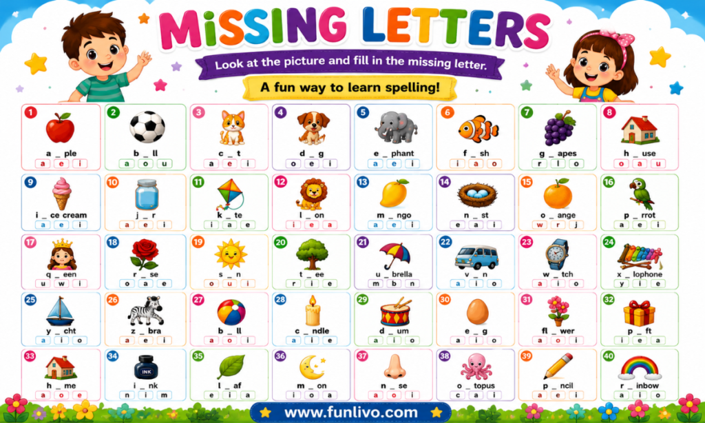 Missing Letter Worksheets for Preschool Alphabet Activity with picture spelling practice for kindergarten and preschool kids.