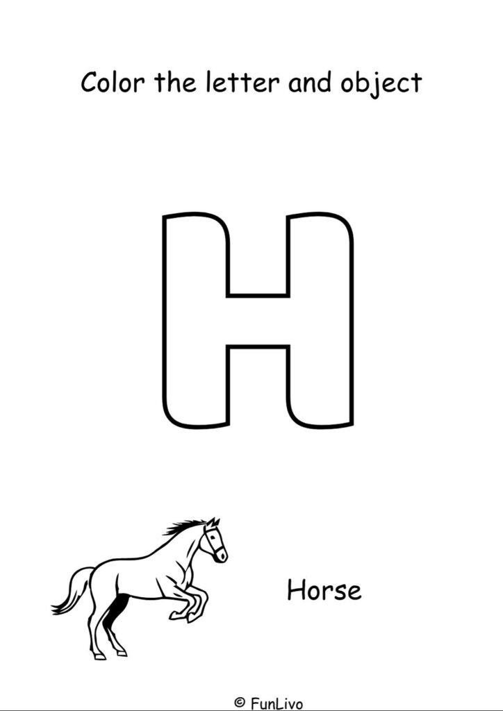 Free uppercase letter H coloring worksheet with aeroplane for preschool kids