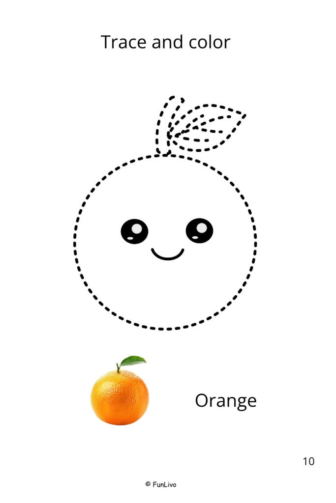 Orange Fruit Tracing and Coloring Worksheets for Preschool Kids