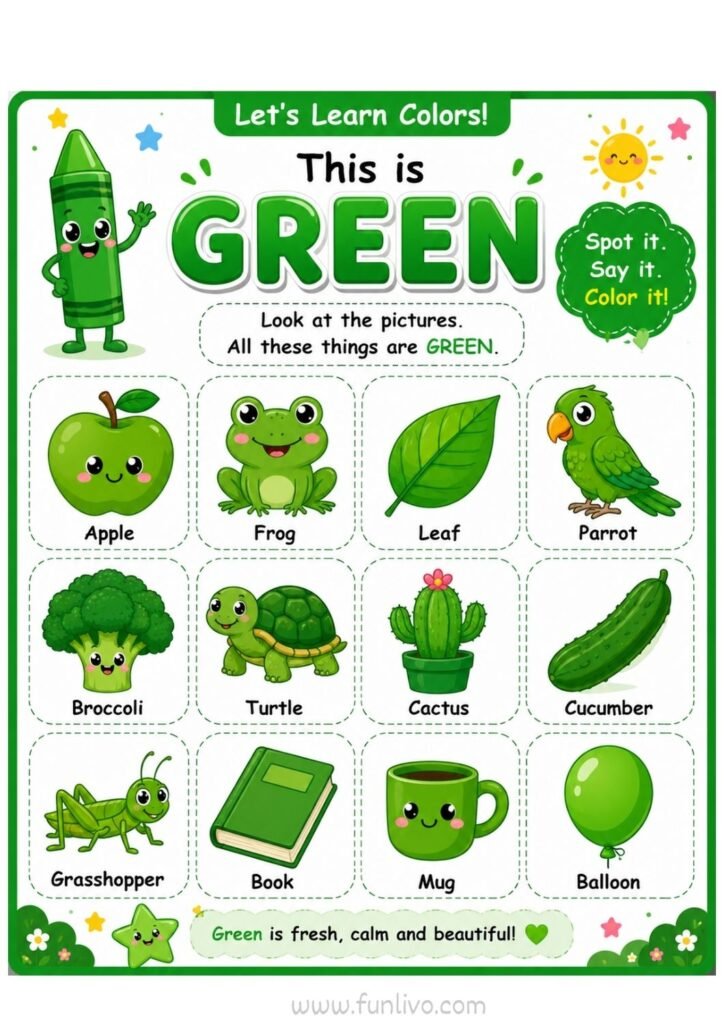 Green color worksheet for preschool kids with familiar green objects to color and identify