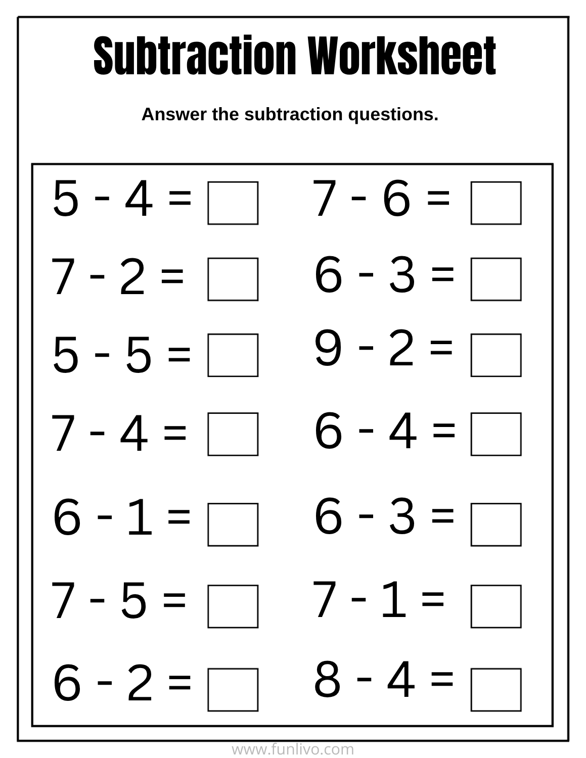 One-digit subtraction worksheet for preschool kids