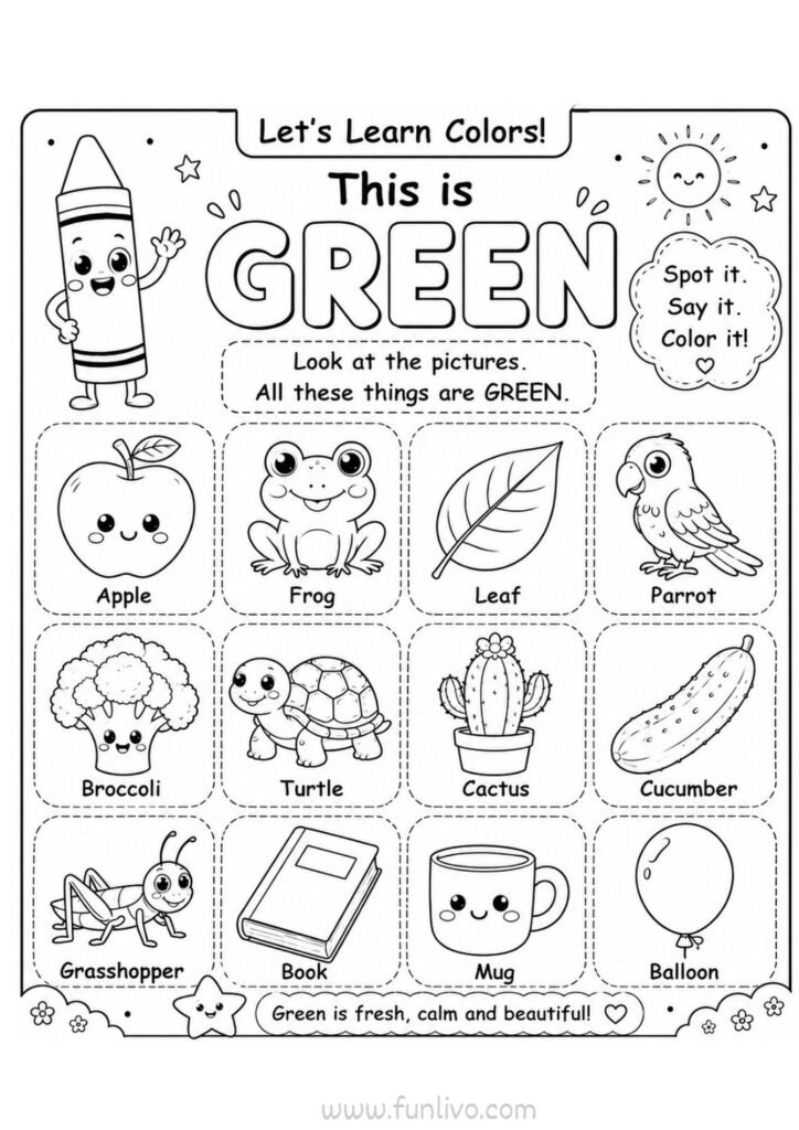 Green color objects coloring worksheet for preschool kids