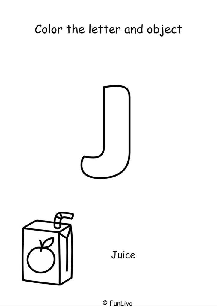 Free uppercase letter J coloring worksheet with aeroplane for preschool kids