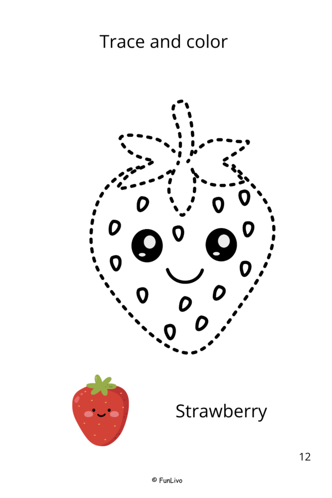 Strawberry Fruit Tracing and Coloring Worksheets for Preschool Kids