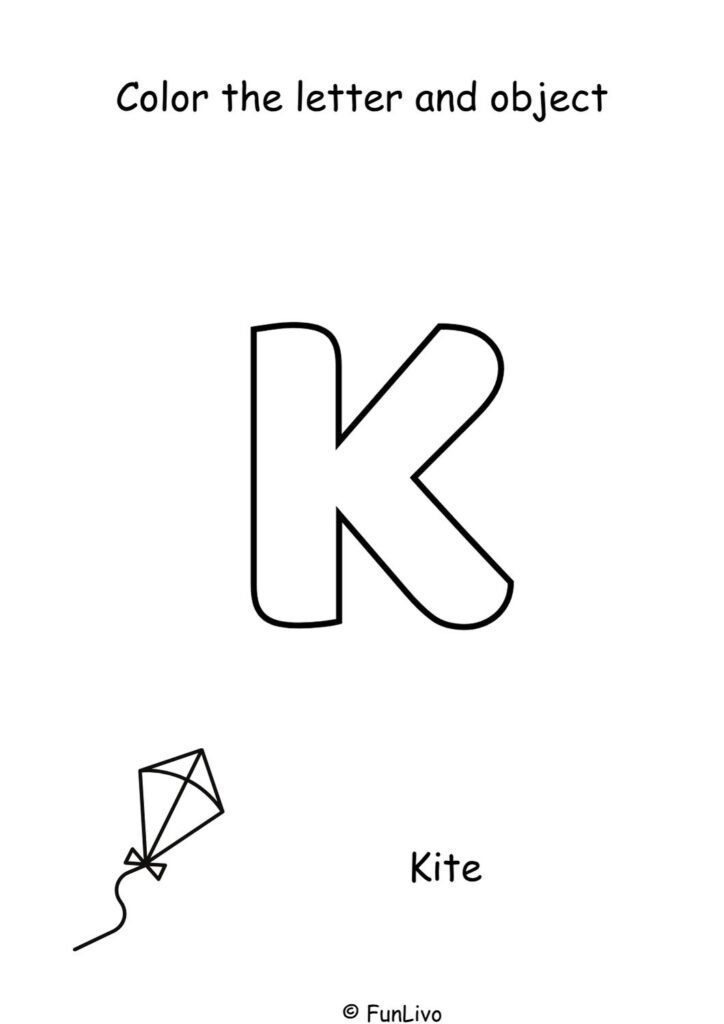 Free uppercase letter K coloring worksheet with aeroplane for preschool kids