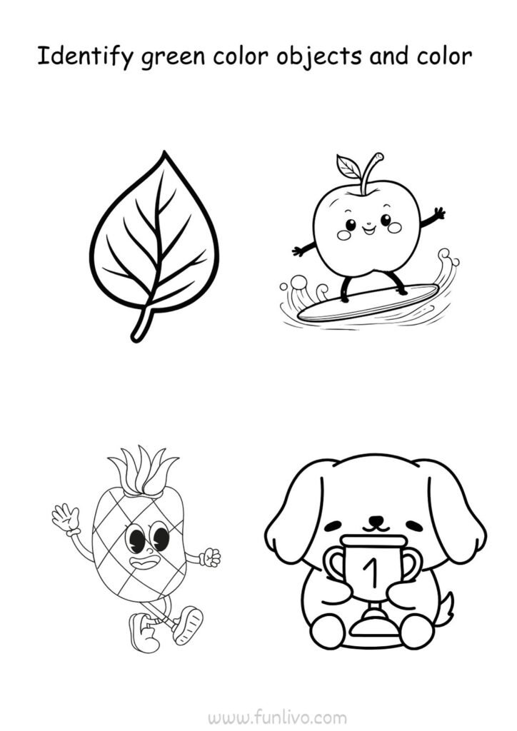 Green color recognition worksheet with fruits, leaves, vegetables and familiar objects