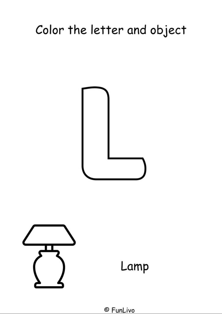 Free uppercase letter L coloring worksheet with aeroplane for preschool kids