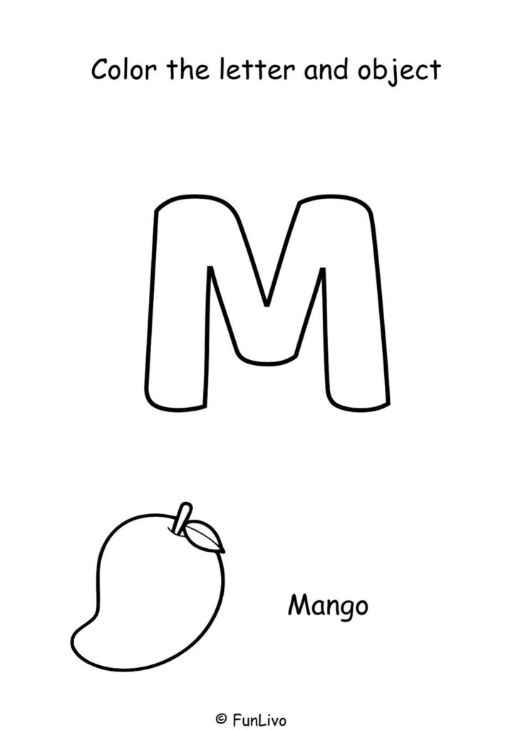 Free uppercase letter M coloring worksheet with aeroplane for preschool kids