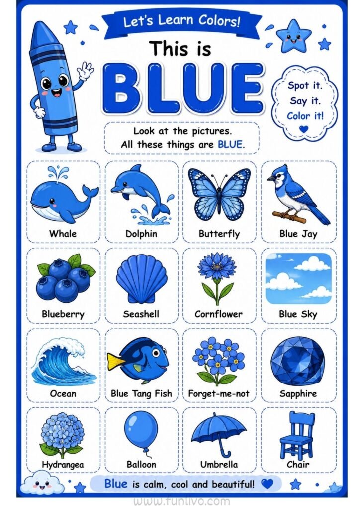Blue color worksheet for preschool kids with familiar blue objects to color and identify