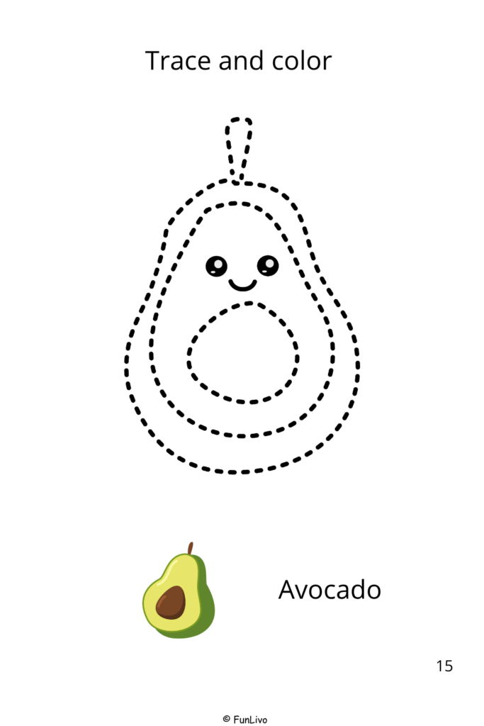 Avocado Fruit Tracing and Coloring Worksheets for Preschool Kids