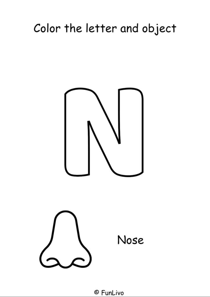Free uppercase letter N coloring worksheet with aeroplane for preschool kids