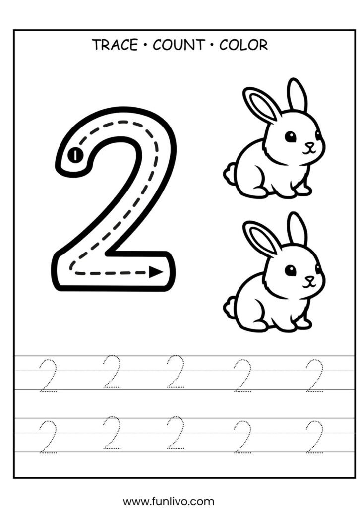 Free number 2 tracing worksheet for preschool kids with counting and coloring activity