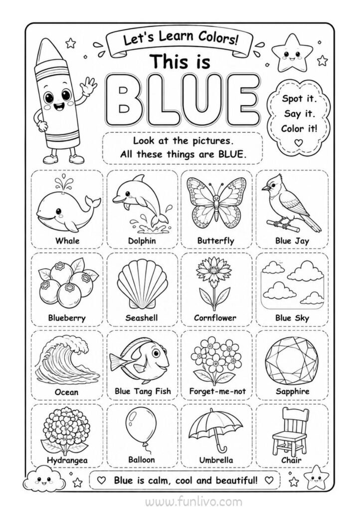 Blue color objects coloring worksheet for preschool kids