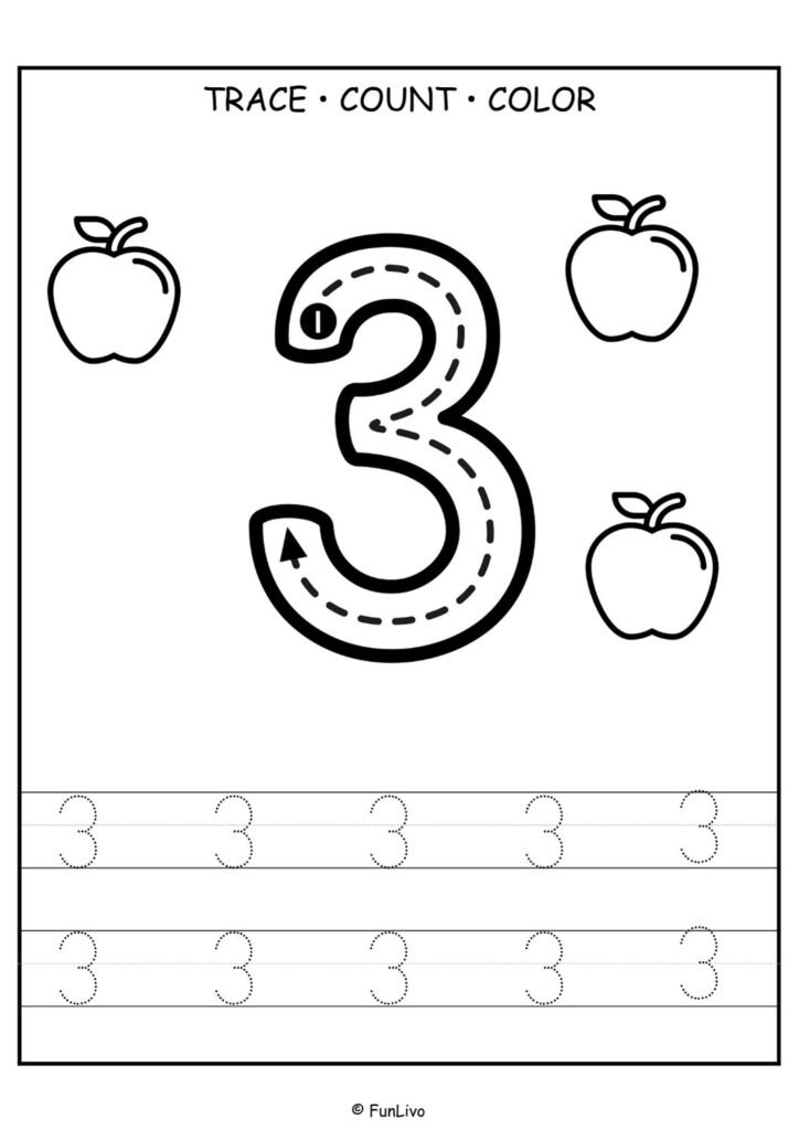 Free number 3 tracing worksheet for preschool kids with counting and coloring activity