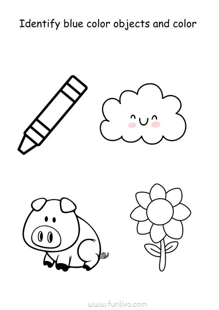 Blue color recognition worksheet with fruits, animals and everyday blue objects