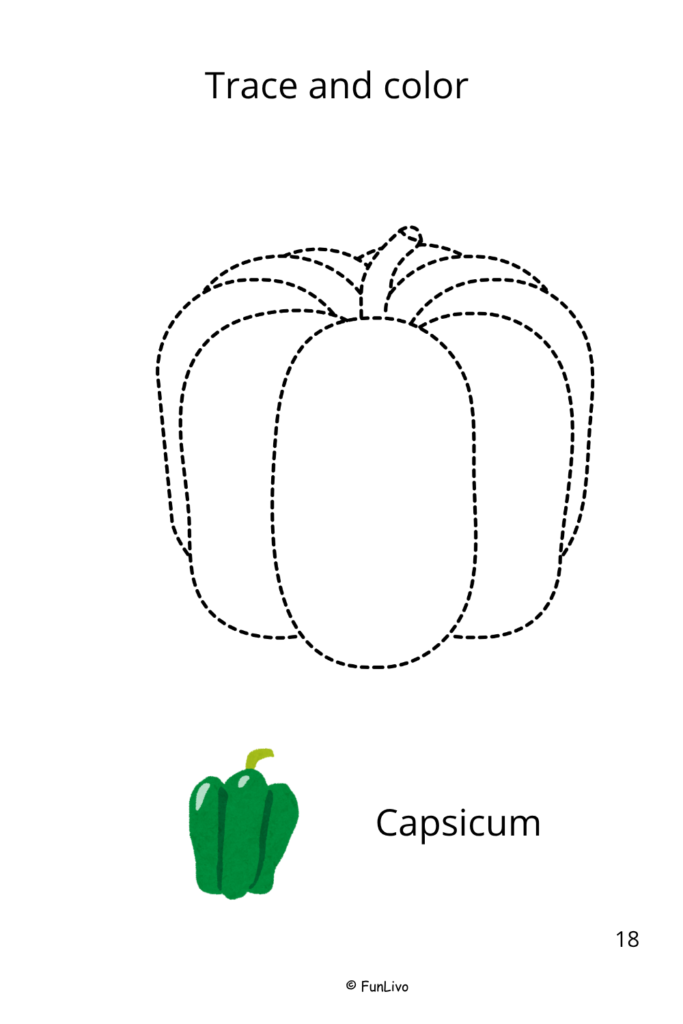 Capsicum Vegetable Tracing and Coloring Worksheets for Preschool Kids