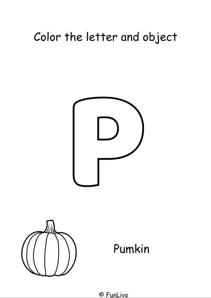 Free uppercase letter P coloring worksheet with aeroplane for preschool kids