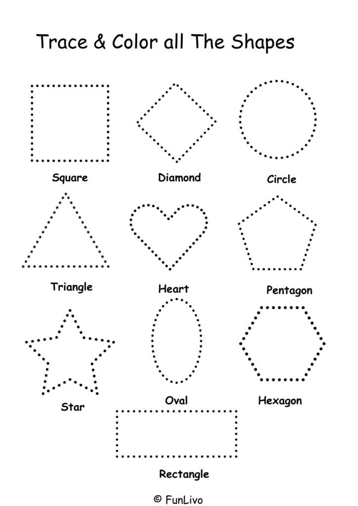 one page all shapes tracing and coloring worksheet for kids