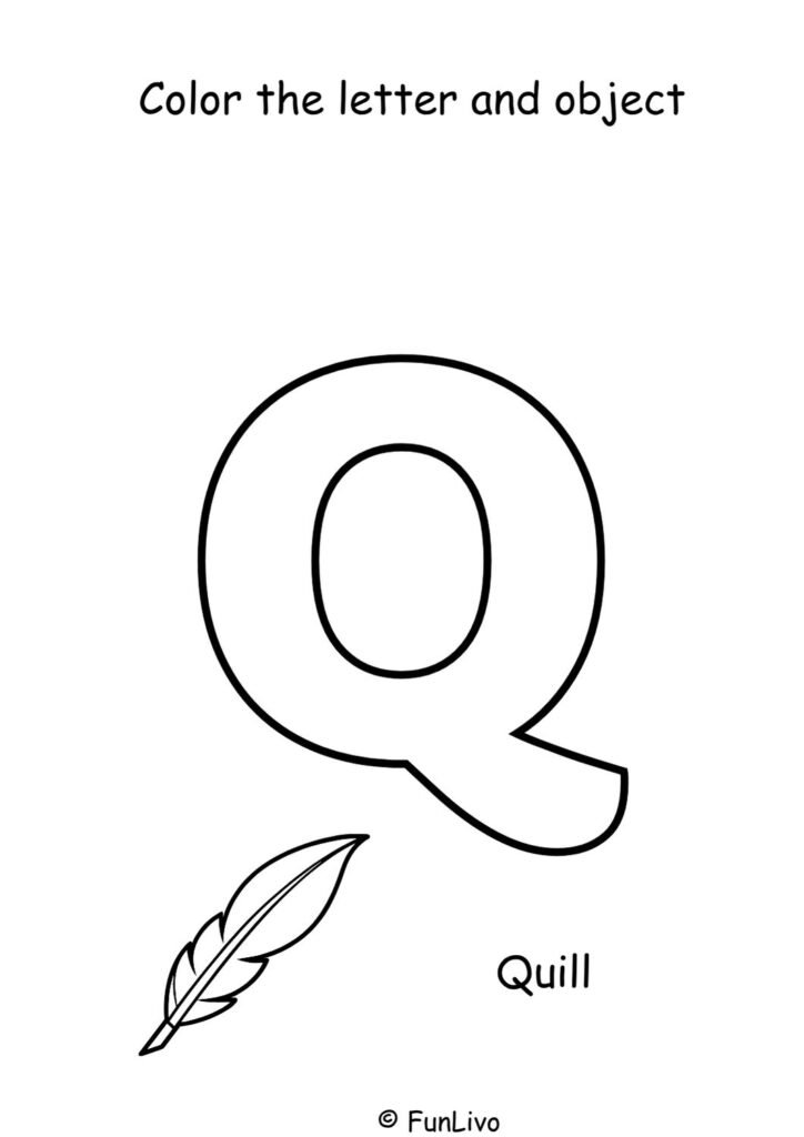 Free uppercase letter Q coloring worksheet with aeroplane for preschool kids