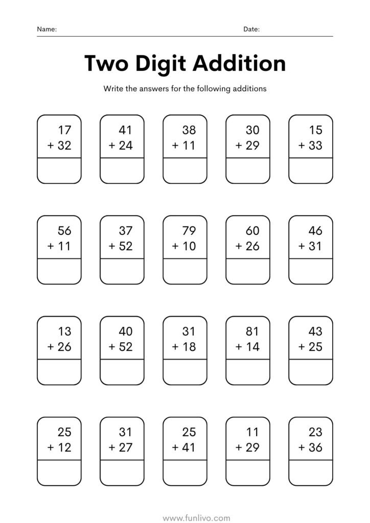 Printable two-digit addition worksheet for preschoolers with simple addition problems for early math practice