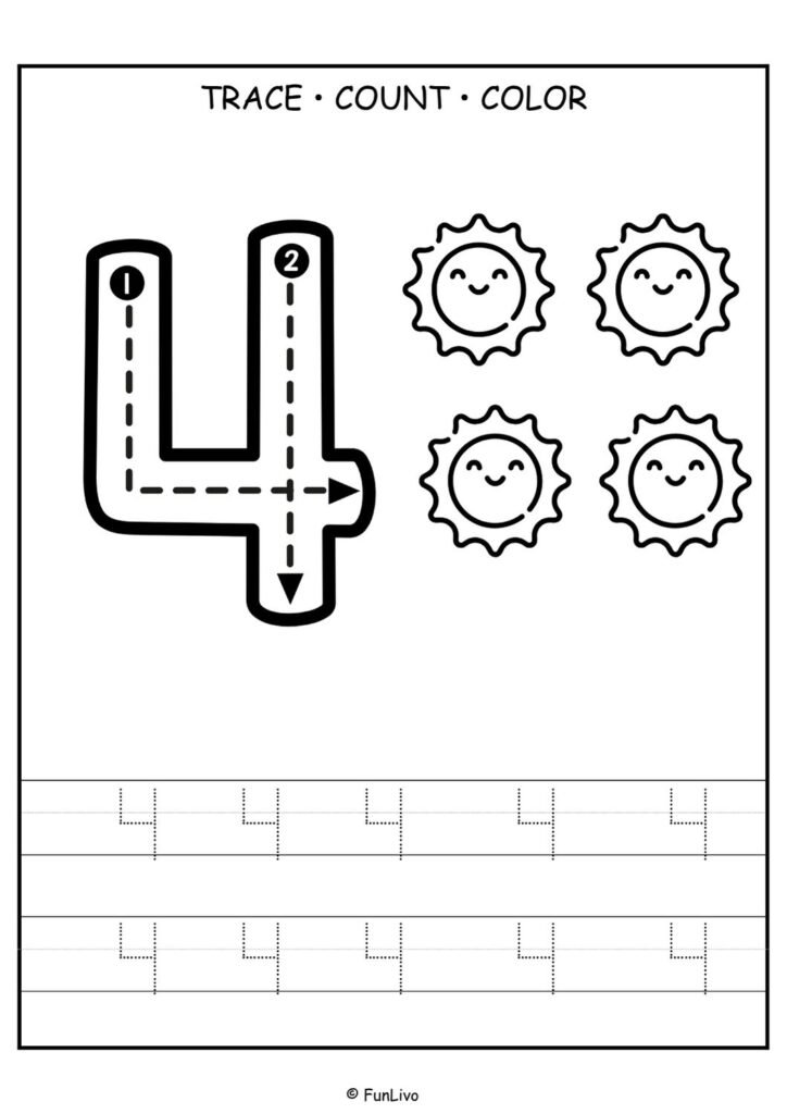Free number 4 tracing worksheet for preschool kids with counting and coloring activity