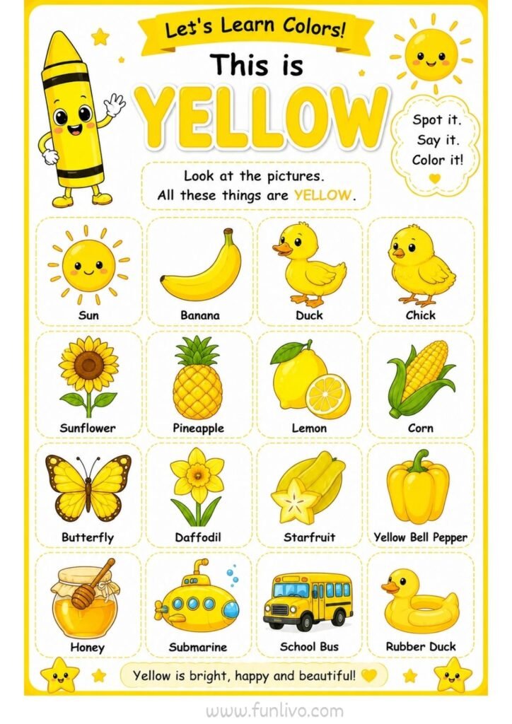 Yellow color worksheet for preschool kids with familiar yellow objects to color and identify